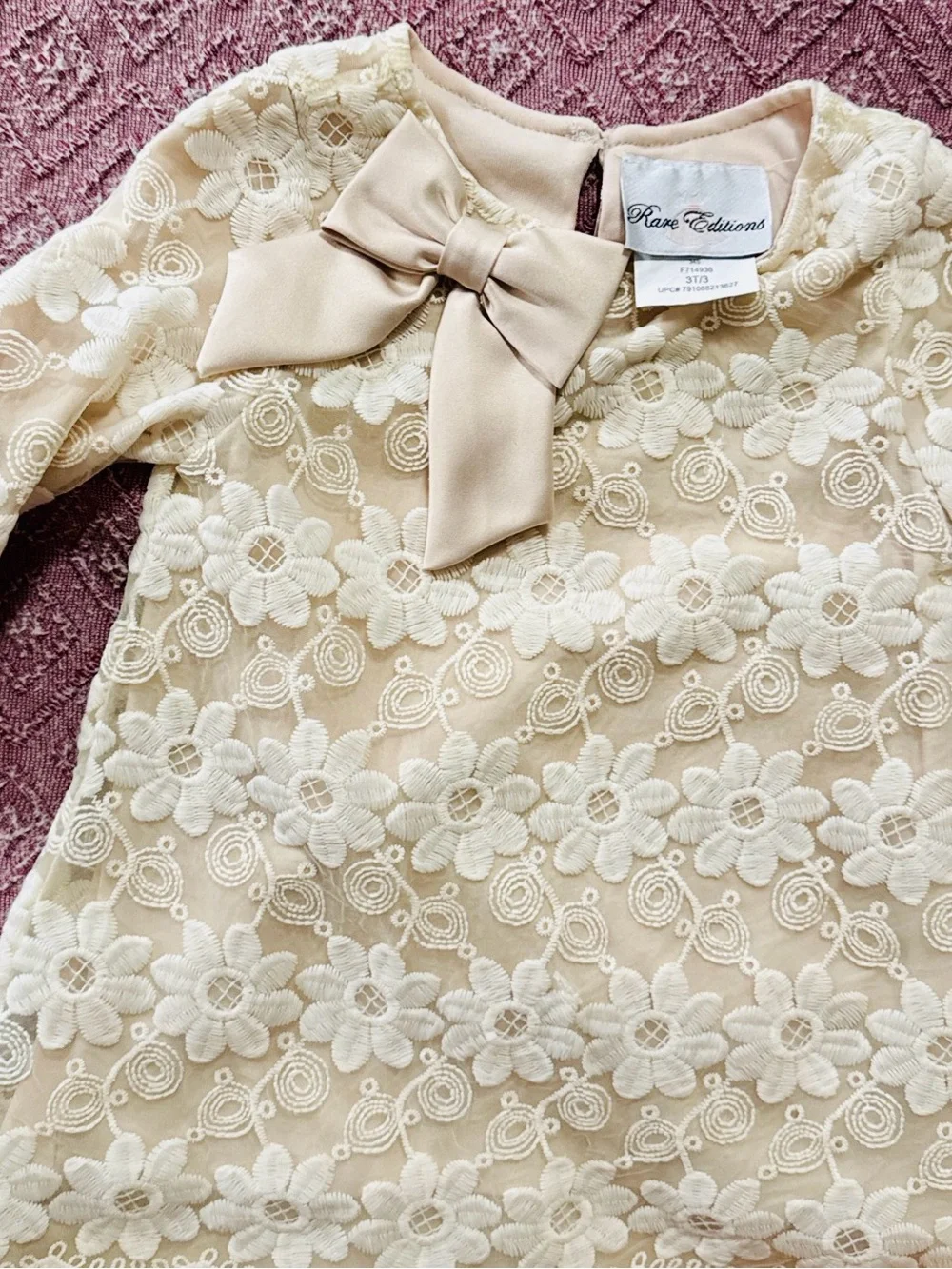 Rare Editions Cream Floral Lace Bow Dress Top Size 3T
